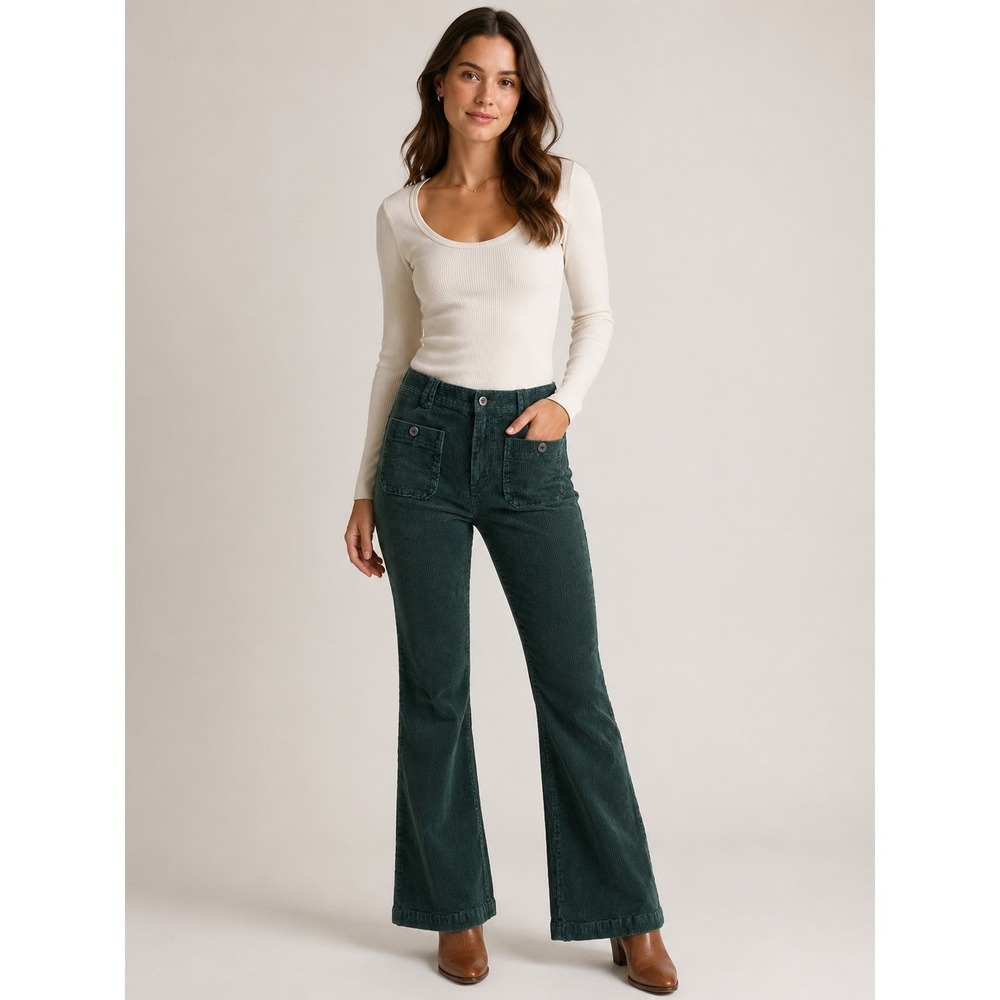 Free People Corduroy Flare Pants Womens 0 Green Solid Button Pockets 70s Boho